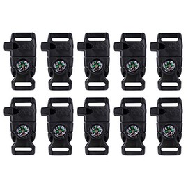 10 Pack Emergency Whistle Black Buckles - Contains Compass, Fire Starter, and Flint Scraper - Use for Outdoor Camping, Paracord Bracelets