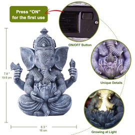 Ganesh Elephant Statue with solar lights，Hindu Ganesh Buddha Figurine, Indian Lord Ganesh Statue, Home Temple Mandir Meditation Yoga Room Decor