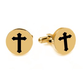 Engraved Gold Circle Cross Cufflinks - Ships From USA