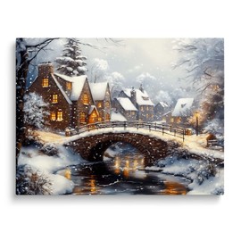 ChristmasCanvas Wall Art Decor with Nighttime Houses, Lights and Snowflakes, Festive Canvas Print for Room, Christmas-Themed Wall Décor for Celebration, Christmas Night Scene Wall Art, 20X24inch