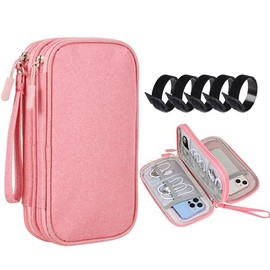 Organizador Portátil para Electrónicos,Bolsa para Accesorios Electrónicos Impermeablede con Doble Capa,estuche para cables viaje para Cables USB,Audífonos,Móviles,Cargadores,Tarjeta SD/TF（Rosa）