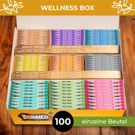 Tee-Sortiment Box 9 verschiedene Wellness Tee Sorten (zuckerfrei & glutenfrei) - Teebox Geschenkset mit Detox Tee, Entspannungstee, Reiniugngstee - Kräutertee & Früchtetee Teebeutel Mix