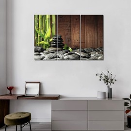 3 Panel Zen Wall Art Bamboo Canvas Green Spa Wooden Background Painting Pictures Print On Canvas Botanical Picture for Modern Decoration Ready To Hang