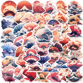 50 Pcs Japanese Vintage Sakura Fan Stickers Pack for Water Bottles, Japanese Style Fan Waterproof Vinyl Stickers for Laptop Luggage Computer Skateboard