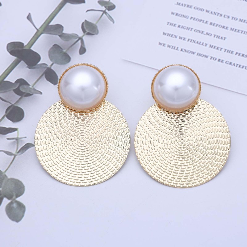 Inateannal Boho Texture Disc Dangle Earrings Large Round Pearl Stud