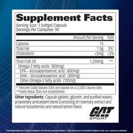 GAT Sport Essentials - Omega 3 Aceite de Pescado Purificado - 90 Softgels - 90 Porciones - 1250 mg por Porcion de Aceite de Pescado