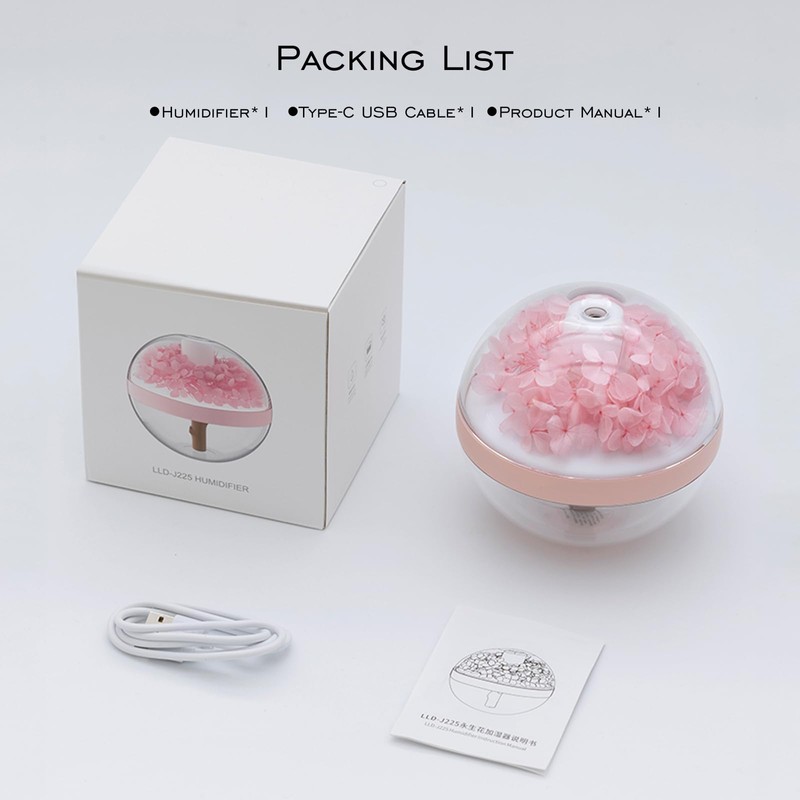 Preserved Flower Portable Humidifier,270ml Capacity,Rechargeable Essential Oil Diffuser with Night