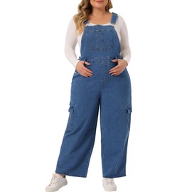 Agnes Orinda Plus Size Overalls for Women Baggy Wide Leg Loose Bib Jeans Pockets Stretch Adjustable Rompers Jumpsuit 1X Mid Blue