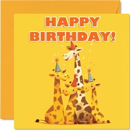 Giraffe Birthday Cards for Her Him - Party Animals Pyramid - Happy Birthday Card for Mum Dad Brother Sister Auntie Uncle Cousin Friend Family Colleague 145mm x 145mm Bday Greeting Cards