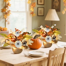 CRCZK Fall Decor Fall Decorations for Home 2Pack Light Up Artificial Pumpkin and Maple Leaf Berry Pine Cone Bouquet for Thanksgiving Harvest Autumn Tabletop Home Kitchen Decor