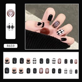 Short Length Press on Nails, Artificial Acrylic Fake Nails for Women, 24PCS Full Cover Reusable False Nails Kits, Love Heart Nails Design, Glue on Nails Fake Nails for Nail Art
