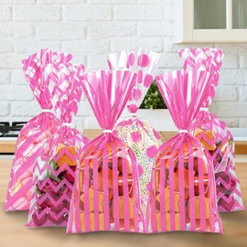 Suffolly 60 Pcs Polka Dot Sweet Cellophane Bags,Clear Plastic Candy Gift Bags,Self Sealing Party Favor Gift Candy Bag,Striped Candy Wrapping Bags for Valentine's Day Wedding Party Decorations Supplies