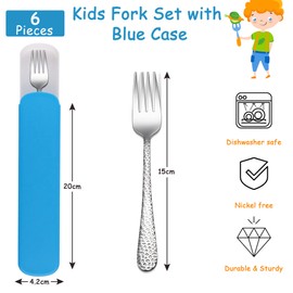 Kids Forks, Joyfair 6 Pieces Stainless Steel Toddler Fork Set, Cute Children Forks with Blue Case, Safe Kid Utensil for Self Feeding, Hammered Adult Look & Small Size, Rust Free & Dishwasher Safe