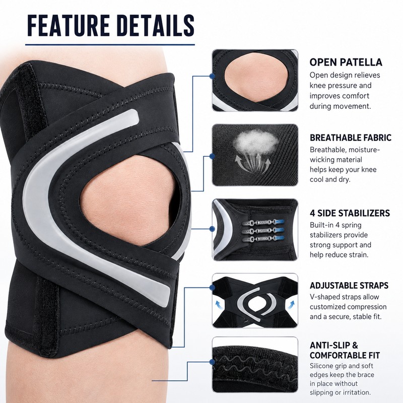 Adjustable Knee Brace for Sports Support – Open-Patella Wrap with