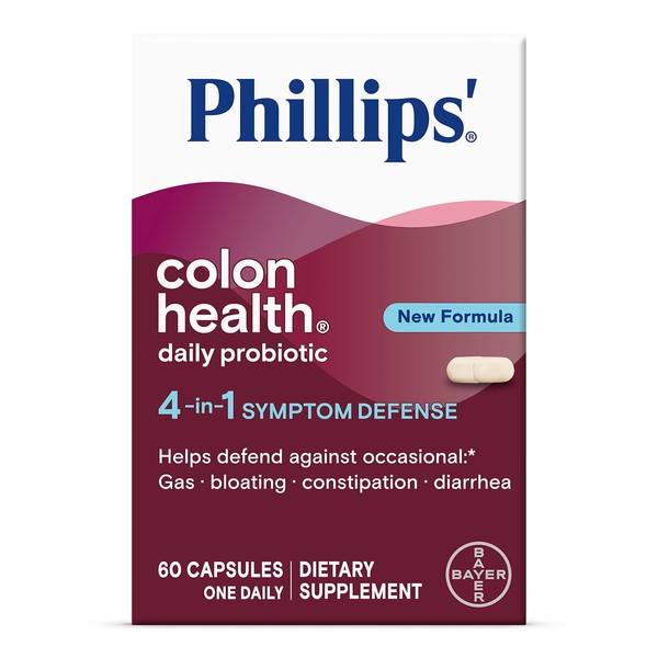 Phillips' Colon Health Daily Probiotic Capsules, 4-in-1 Symptom Defense to help defend against Occasional Gas, Bloating, Constipation, and Diarrhea, Daily Supplement, 60 Count