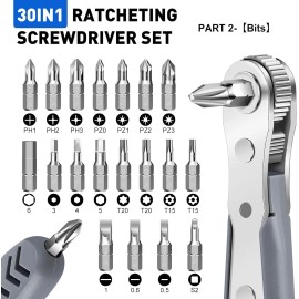 TUXIYA 30in1 Right Angle Screwdriver, 36-Tooth Mini Ratchet Wrench, Grey