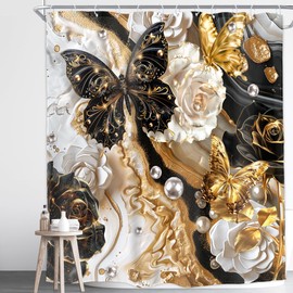 Homewelle Black White Gold Marble Shower Curtain Abstract Modern Butterfly Rose Floral Pearl Luxury Ink Texture 72Wx72H Inch Elegant Ombre Fluid Aesthetic Waterproof Polyester Fabric Bathroom Bathtub