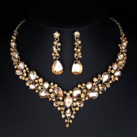 Molie Bridal Austrian Crystal Necklace and Earrings Jewelry Set Gifts fit with Wedding Dress(Champagne)
