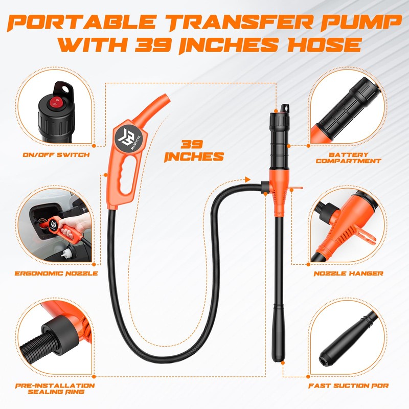 MANPICTE Portable Fuel Transfer Pump, Battery Powered Siphon Pump for