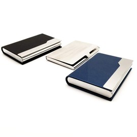 CKANDAY 3 Pack Professional Business Card Holders,1 Pcs Stainless Steel & 2 Pcs PU Leather Silking Protective Pocket Case with Magnetic Shut and Metal for Name ID Card Men Women - Black Blue Silver