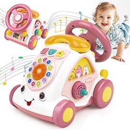Love&Mini Baby Musical Toys for Girls - Crawling Steering Wheel Toys with Car, Telephone, Lights & Sounds - Multi-Functional Educational Gifts for 18+ Months Old Girls Birthday Xmas