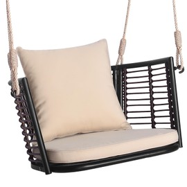HAPPYGRILL Porch Swing Patio Hanging Rattan Basket Chair, Swing Hammock Chair with Seat Cushion & Back Cushion, Durable PE Rattan, Sturdy Metal Frame, Wicker Hanging Rope Swing Chair