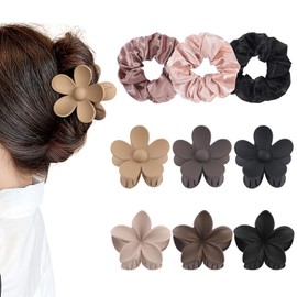 Ufgin Flower Hair Clips and Scrunchies Set - 6 Non-Slip Spring Clips + 3 Satin Hair Ties Flower Hair Claw Clips for Women Girls