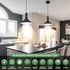 2 Pack Battery Operated Pendant Lights,Rechargeable Pendant Light with Remote,Black Pendant Light Fixtures for Kitchen island,Modern Industrial hanging Lights for Dining Room Hallway Entryway Bedroom