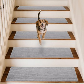 GROWLING Linen Stair Treads for Wooden Steps Indoor 36x9 inch,4pcs Upgraded Self Adhesive Backing Non Slip Stair Carpets, Peel and Stick Stair Runner Rugs, Reusable Staircase Step Treads(Grey)