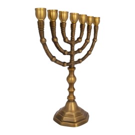 Classic Vintage Brass Gold Seven Branch Spherical Thorns Menorah Israel Gift 19.5cm/7.7" Décor Jewish Layered Octagonal Base Pewter