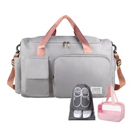 Ebbniur Travel Duffel, Large Weekender Overnight Bag with Shoes Compartment, Personal Tote Bag for Women or Men, Waterproof Carry-on Bag with Clear Cosmetic, 3Pcs Set (Grey+Pink)