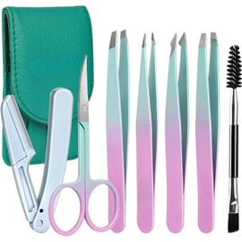 Juego de Pinzas de Depilar para Cejas con Tijeras Curvadas, 7PCS Pinzas para Depilación de Cejas, Kit Profesional Precisas, para Astillas y Pelos No Deseados, Depilación Facial, Verde & Rosa