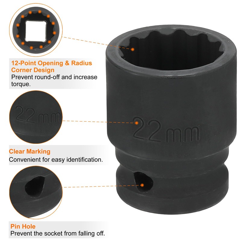 sourcing map 12-Point Impact Socket 1/2 Inch Drive 22mm Metric