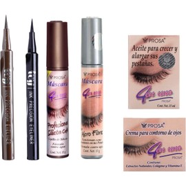 Kit Rimel Micro Fibras Negro, Rimel Profesional Silicon Cafe, Aceite para Pestañas, Crema Contorno de Ojos Prosa + 2 Delineador de Ojos Ivy; Negro y Cafe