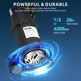 BYWTER 1/2 HP Sump Pump, 4200 GPH High Flow, 26 FT Lift, 115V Cast Iron Sewage Pump with Automatic Float Switch and Manual Control, Heavy Duty Sewage/Effluent Pump for Basement, 10 FT Power Cord