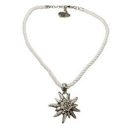 Alpenflüstern drawstring necklace, rhinestone edelweiss, ladies' costume jewellery, dirndl necklace in traditional colours, DHK100, Base Metal