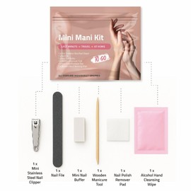 Mini Mani Kit – Disposable Manicure Set with Nail Clipper, File, Buffer, Cuticle Stick, Remover Pad & Alcohol Wipe – Single-Use Nail Care Kit for Travel, Events, or Bulk Hygiene (Regular, 5, Count)