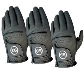 Pack of 3 Synthetic Microfiber Men's Golf Gloves – Adjustable Velcro Closure Strap - Suitable for All Weather Conditions - Soft Feel Grip - Left & Right Handed Golfer – Jet Black (M-L, Left)