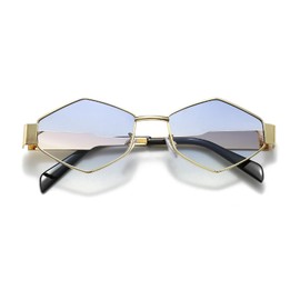 YAMEIZE Trendy Metal Frame Hexagon Sunglasses - for Men and Women 90s Vintage Classic Glasses Metal UV400 Protection Driving Outdoor, Gold Blue
