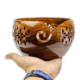 Nagina International Rosewood Crafted Wooden Yarn Storage Bowl With Carved Holes & Drills | Knitting Crochet Accessories (Large)