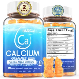 Calcium Gummies 600mg - Calcium Supplement for Women, Ocean Algae Calcium | Vitamin D3, K2, Magnesium | for Bone Strength, Muscle & Immnue | Sustainably Sourced Algae Calcium, 70+ Mineral, Vegan,2PACK