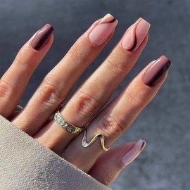 SINHOT Medium Press on Nails Square Fake Nails French Squoval Acrylic Nails Glossy Glue on Nails Brown Line Designs False Nails 24 pcs