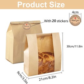 Large Paper Bread Bags for Homemade Sourdough-Bread Packaging Bag for Gifting, Label Seal Sticker Included Pack of 20(11.8x8.2x3.5 inch)