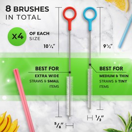 Buenalife Heavy Duty Cleaning Brushes Set of 8 - Extra Long Straw Cleaners for Metal and Plastic Reusable Drinking Straws, to Clean Small Spaces, Sippy Cups, Water Bottles - Sturdy Hard Brush Bristles