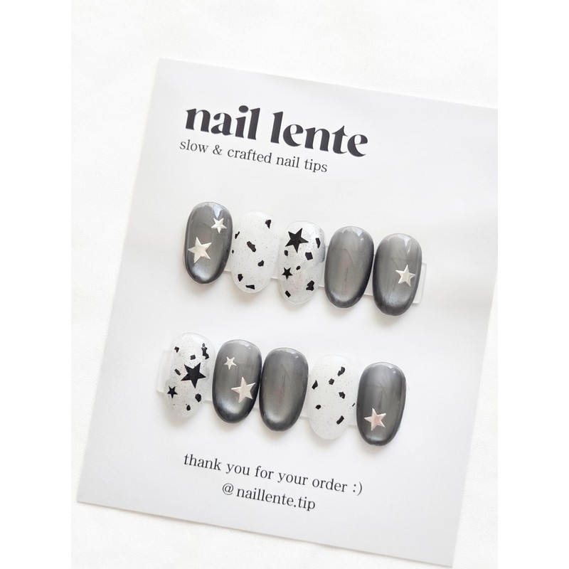 Star Black Magnet Gel Handmade Nail Tips - Short Almond