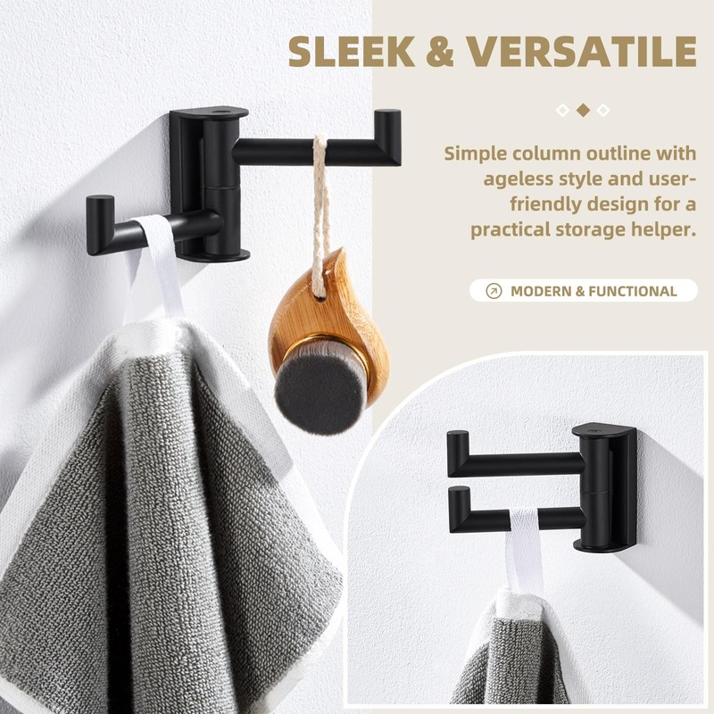 Angle Simple Swivel Double Towel Hook Matte Black, 304 Stainless