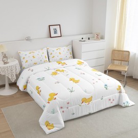 Homewish Cute Duck Comforter Set Queen Size 3Pcs Kids Boys Girls Cartoon Flowers Leaves Quilt Set Farmhouse Animals Plants Bedding Set Teens Adult Room Decor Yellow White Duvet Insert,2 Pillowcases