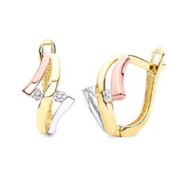 14k REAL Tri Color Gold Fancy CZ Hoop Earrings (14 x 11 mm)