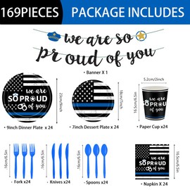 142Pcs Police Academy Graduate Party Supplies We Are So Proud Of You Police Theme Plates and Napkins Congrats Officer Party Decorations for Police Retirement Grad Graduation Promotion Party Serves 24