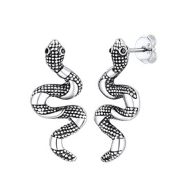 Silver Snake Stud Earrings, Vintage Silver Serpent Earrings with Black Stone, 925 Sterling Silver Punk Snake Earring Studs for Ladies Mom